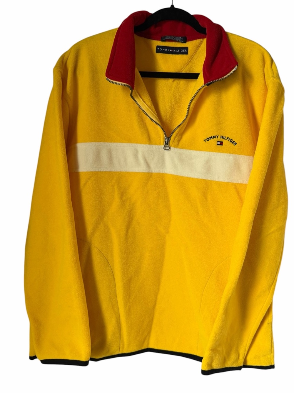 Vintage Tommy Hilfiger Yellow Fleece Quarter-Zip Red Collar Cream Stripe 90’s